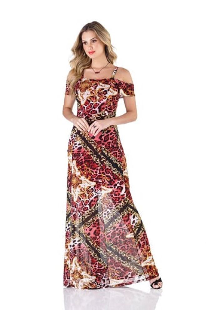 Vestido longo de tule estampado/marsala